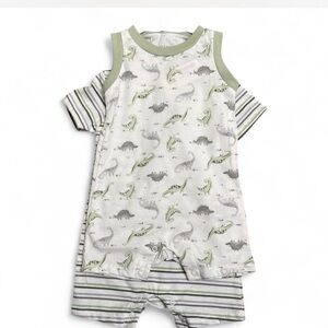 Le Top White, Green & Gray Dino Short Pajama Set